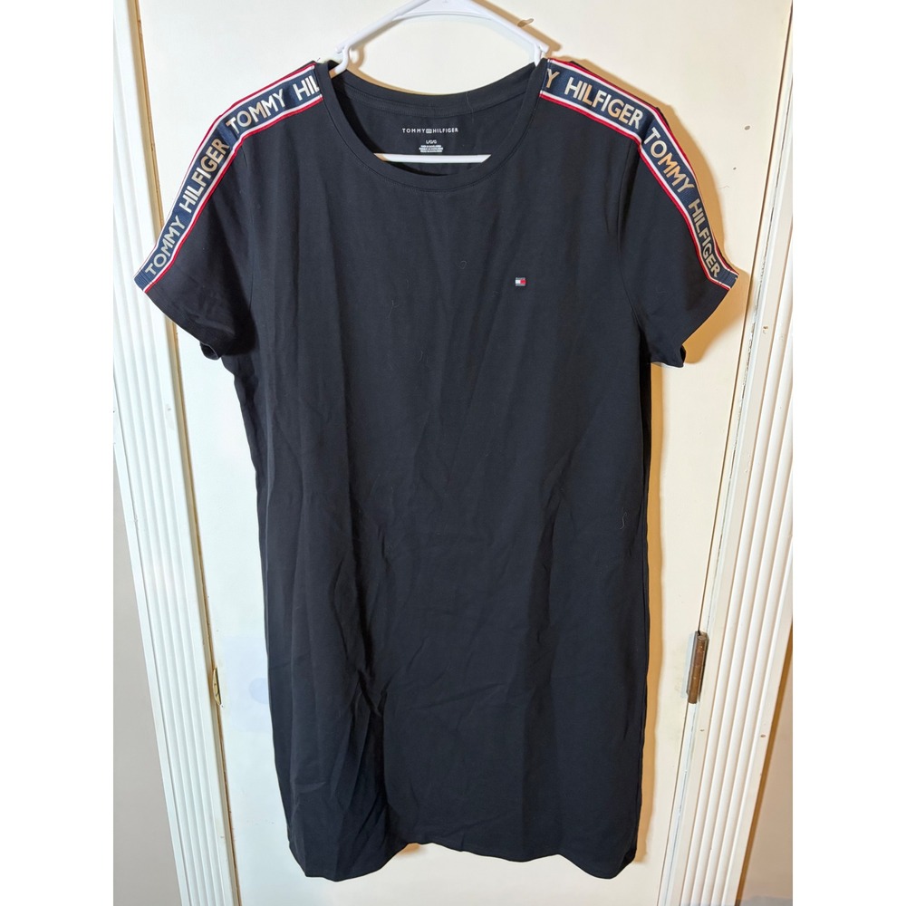 Tommy Hilfiger Womens Black Logo Tape Sleeve T-Shirt Dress Size L